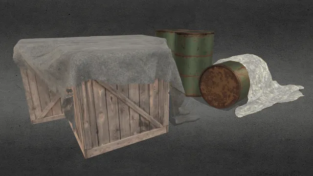 工业工具木制箱子和金属桶有布遮盖