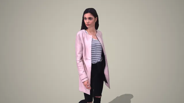 粉皮衣条纹衫女士破洞裤休闲行走姿态 3D 模型