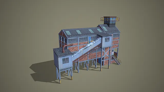 写实风格多层带输送廊红砖工业厂房 3D 低多边形场景模型