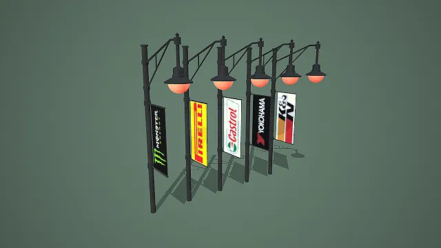 复古球形路灯与汽车品牌道旗组合场景模型