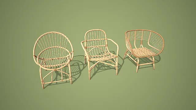 卡通风格三款绿饰藤编休闲座椅组合 3D 低多边形场景装饰模型