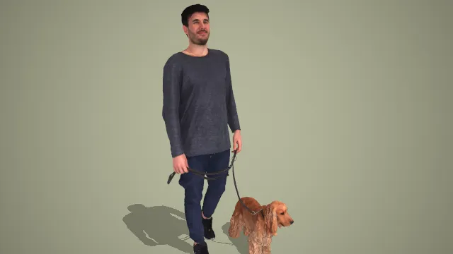 灰长袖蓝裤男士牵可卡犬户外遛狗休闲姿态 3D 模型