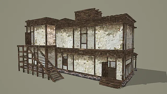 复古做旧木质与白墙结合的两层建筑（含外置楼梯）