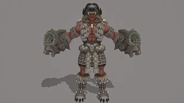 奇幻兽人风格男性角色模型（棕灰白配色野性服饰造型）