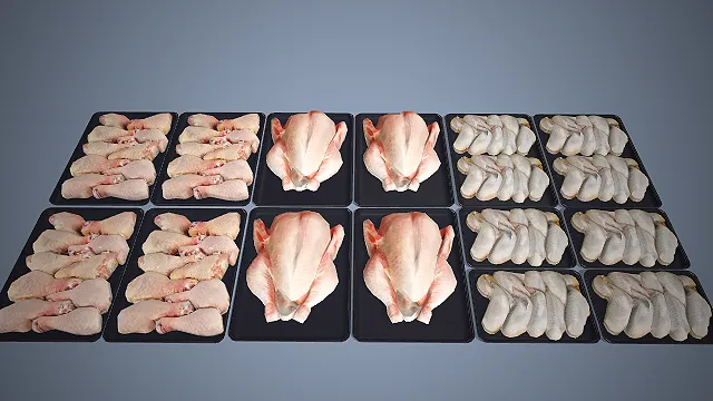 一组生鲜鸡肉的3D模型，超市冷鲜区的食材展示