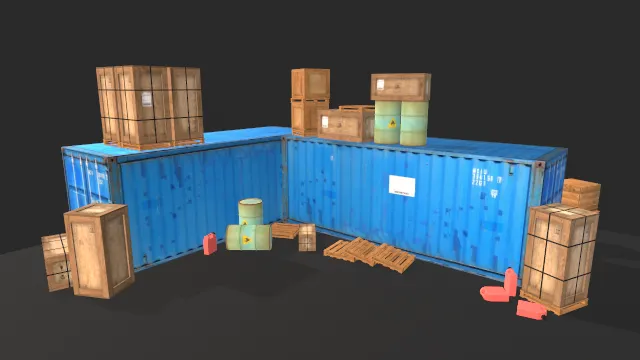 运输级别设计集装箱场景木制箱子铁桶道具