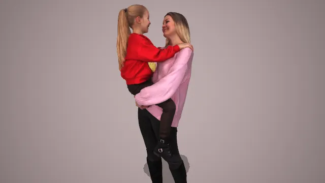 粉毛衣黑裤女士抱红衣孩童温馨互动姿态 3D 模型