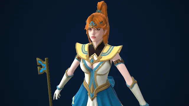 魔法少女风格  女性 3D 角色模型  高马尾  蓝白主调  羽翼星纹  二次元奇幻  甜美战斗风