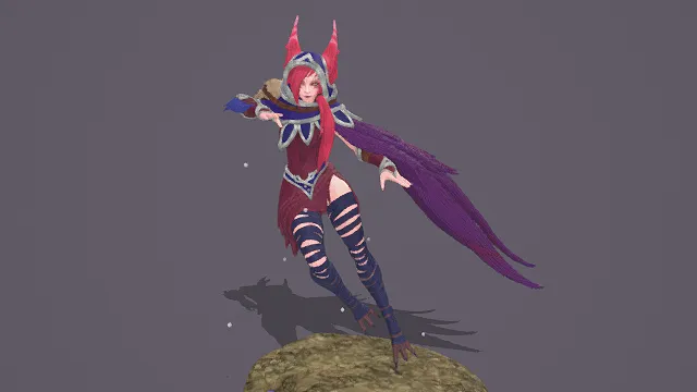 3D卡通风格红紫蓝系奇幻女角色模型，创意设计（3D角色、卡通风格、奇幻魔幻风，角色设计主题）