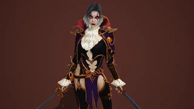 3D写实风格暗黑女剑士角色模型，创意设计（3D暗黑剑士、写实风格、冷艳霸气、暗黑奇幻、剑士元素）