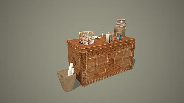 复古雕花木质书桌配古籍文具与交叉靠背椅组合 3D 模型