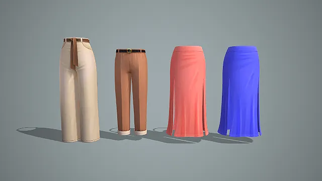 浅米系带阔腿裤与棕裤及粉蓝开衩半身裙四件套 3D 模型