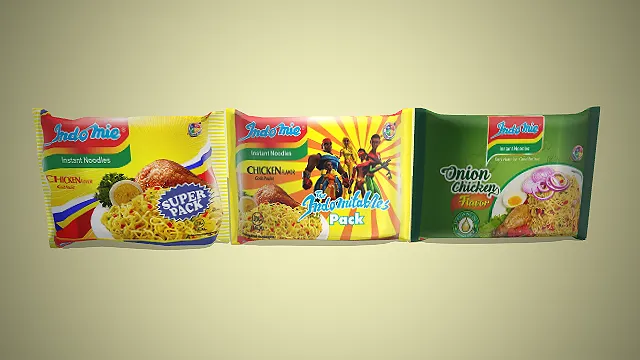 三款不同包装的营多捞面3D模型，速食泡面组合