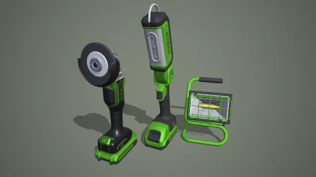 绿黑锂电角磨机与检修灯三件套 3D 模型