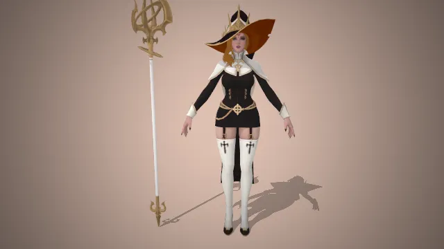 魔法师风格 宽檐帽 金色法杖 黑白配色服饰