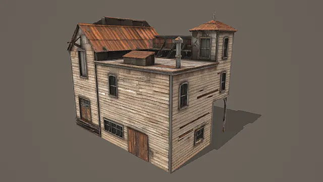 复古废土破旧多层木屋3D模型