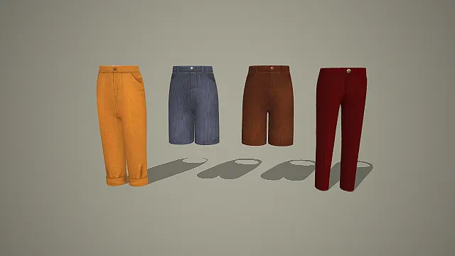复古条纹卷边裤与西装短裤及酒红九分裤组合 3D 模型