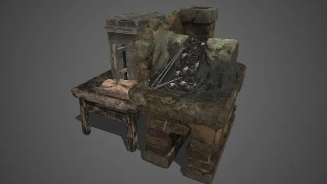 石砌灶台  长柄炊具  老旧木桌  粗陶容器  粗糙斑驳  炊煮设施  传统农家旧作坊