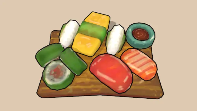 风格化放有不同口味寿司的木盘食物