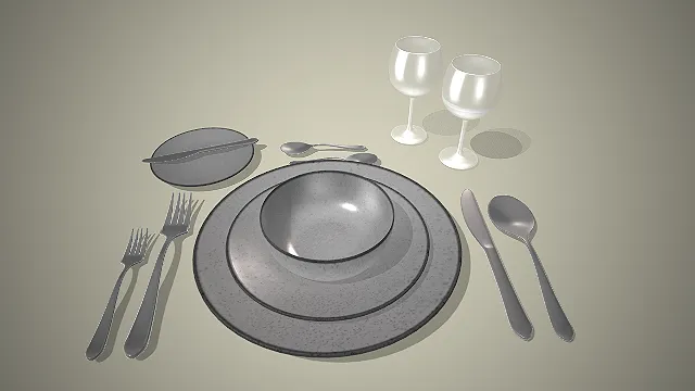 一个工业风的多件式餐具套装模型，有高脚杯