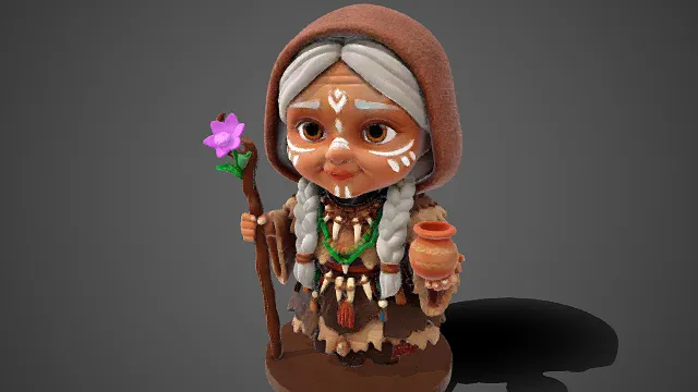 Q 版  部落老妪  雕像  长者  獠牙装饰  民族风装饰  可爱  民俗  部落文化 