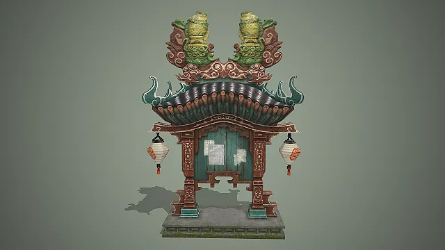 琉璃神龛  瑞兽琉璃脊饰  做旧木质  国风灯笼