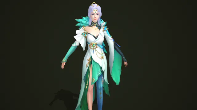 古风仙侠风格青蓝渐变服饰女性角色游戏 NPC 模型