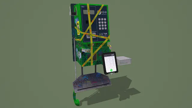 3D卡通风格未来公用电话设备模型，创意设计（3D设备、卡通风格、废土创意风，公用电话设计主题）