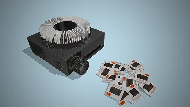 一套复古写实幻灯片放映机的3D模型，老式胶片影像展示的专业器材