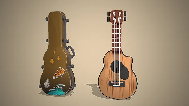 一个卡通风格的3D木吉他模型，搭配带趣味贴纸的乐器包