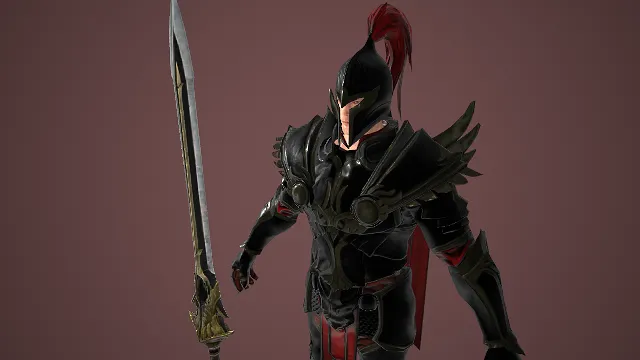 黑铠红缨  暗甲赤纹  翼状装饰  巨型长剑  黑金花纹  华丽  力量感