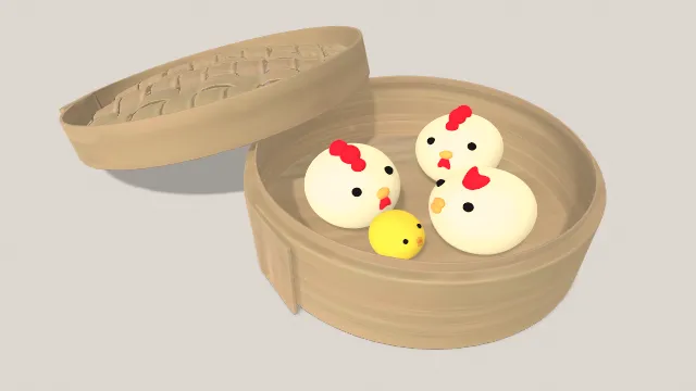 蒸笼里放有小鸡摸样的馒头食物