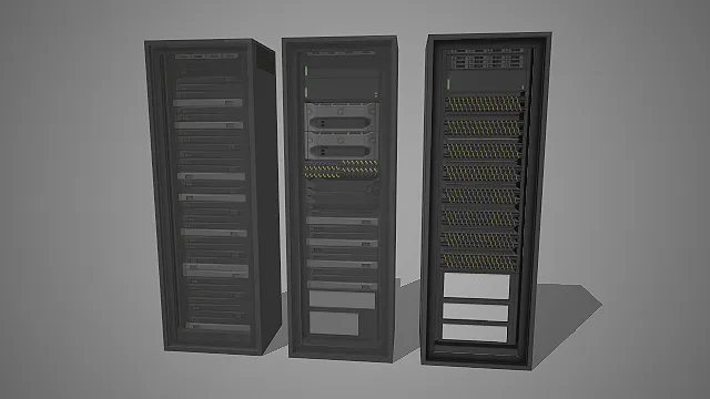 一组黑色系的，写实风格服务器机柜3D模型