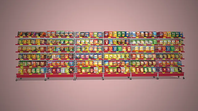 超市零食货架  便利店场景  膨化食品包装  色彩丰富商品