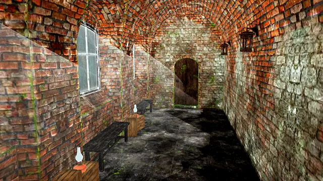 写实风格3D古老巷道场景模型，创意设计（写实古老巷道、3D模型、砖石墙壁、昏暗光线、灰色背景、独特氛围 ）