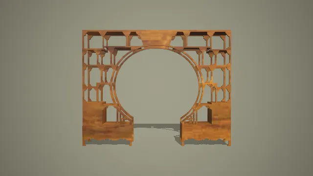 木色中式月洞门博古架多格置物隔断 3D 模型