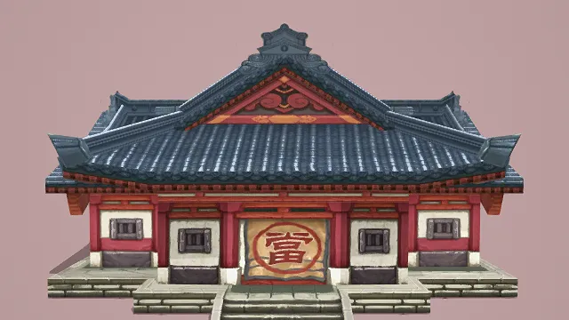 3D卡通风格中式建筑模型，创意设计（3D建筑、卡通风格、古代建筑、喜庆吉祥，文化主题，物品元素）