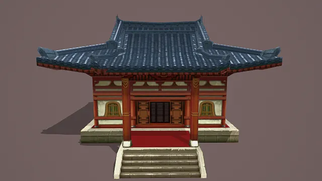 3D卡通风格中式单层殿宇模型，创意设计（3D建筑、卡通风格、华丽庄重，文化主题，物品元素）