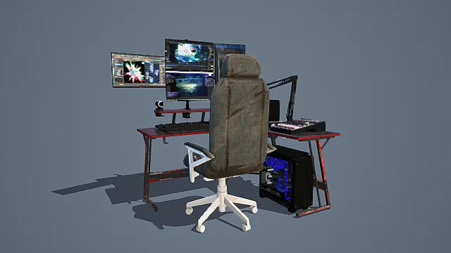 写实风格3D电脑工作场景模型，创意设计（写实电脑工作场景、3D模型、多显示器、电竞椅、电脑主机、灰色背景、独特氛围 ）