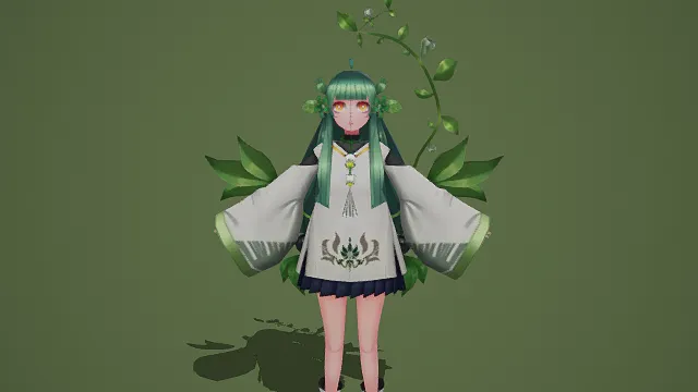 3D卡通风格植物系少女角色模型，创意设计（3D角色、卡通风格、清新自然，奇幻少女主题，卡通元素）