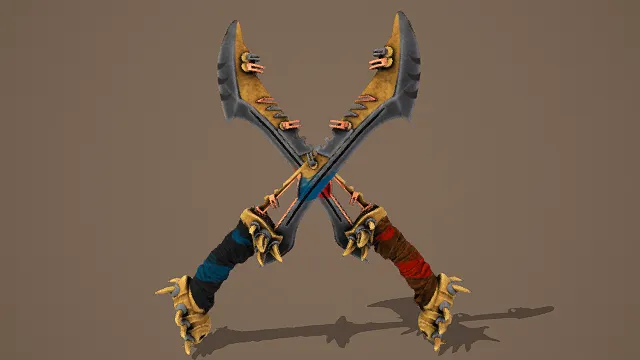 3D卡通风格双刀武器模型，创意设计（3D刀具、卡通风格、奇幻风，游戏道具武器设计主题）