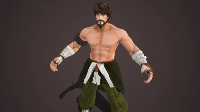 粗犷野性  格斗游戏角色  紧实肌肉  橙黄纹章标识  野性武道者  绷带元素  绿白主色