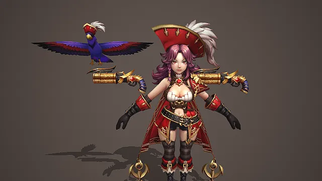 卡通 Q 版紫发红甲女海盗带双枪乌鸦锚形披风 3D 游戏角色模型