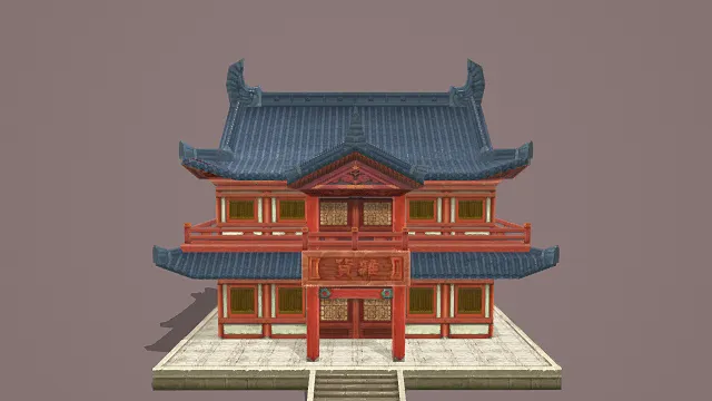3D卡通风格中式两层建筑模型，创意设计（3D建筑、卡通风格、古朴雅致，文化主题，物品元素）