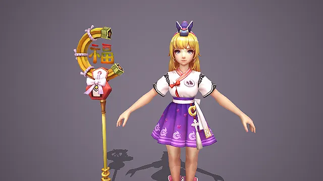卡通新年福字法杖和风少女 3D 游戏角色模型