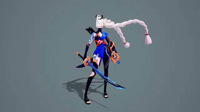 奇幻风格3D女忍者角色模型，创意设计（奇幻女忍者、3D模型、白色长辫、黑色面巾、手臂纹身、橙蓝配色武器）