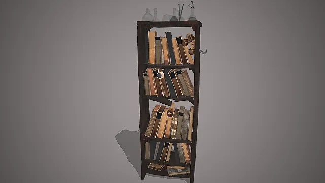 一个写实风格的3D复古书架模型，架上堆满了做旧的书籍