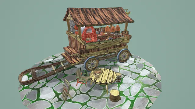 3D卡通风格移动餐车场景模型，创意设计（3D场景、卡通风格、写实风，场景设计主题）