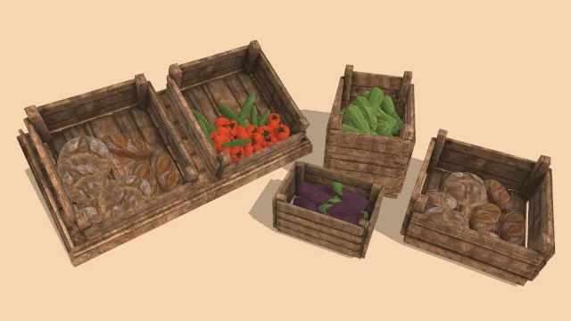 中世纪市场蔬菜和箱子食物工具