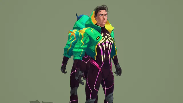 3D卡通风格绿紫黑系科幻角色模型，创意设计（3D角色、卡通风格、科幻潮酷风，角色设计主题）